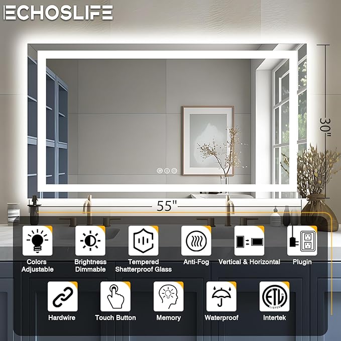 55"x30" LED Bathroom Mirrors for Wall, Front and Backlit Mirror, Anti-Fog Vanity Mirror with Lights, Stepless 3 Colors Dimmable Lighted Mirror(Horizontal/Vertical)
