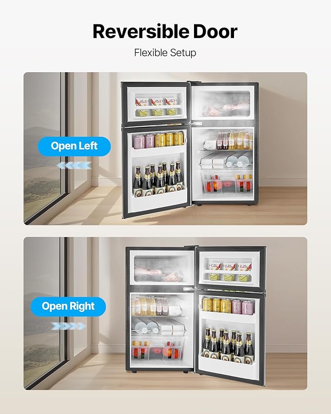 VEVOR Mini Fridge with Freezer, 3.2 Cu.Ft, Dual Zone Compact Refrigerator, 3 Modes Adjustable Temp, Energy Efficient Small Fridge, Reversible Door, Low Noise, for Bedroom, Dorm, Brushed Stainless