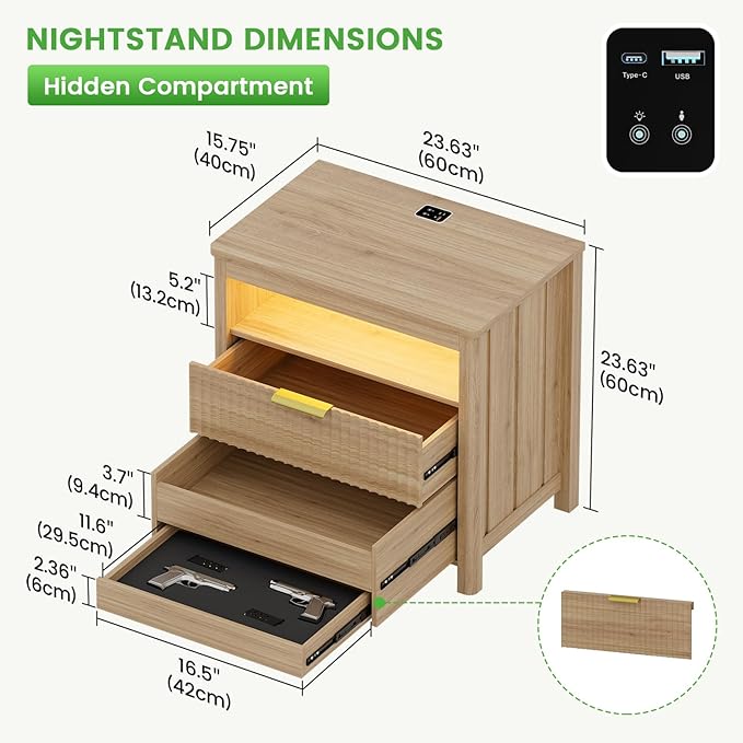HNEBC Nightstand with Gun Drawer for Bedroom, Wood Night Stand with Hidden Compartment, Auto LED Lighted, Charger Station, 2 Drawer, 23.6" Wider Bedside Table for Dorm,Sofa,Office