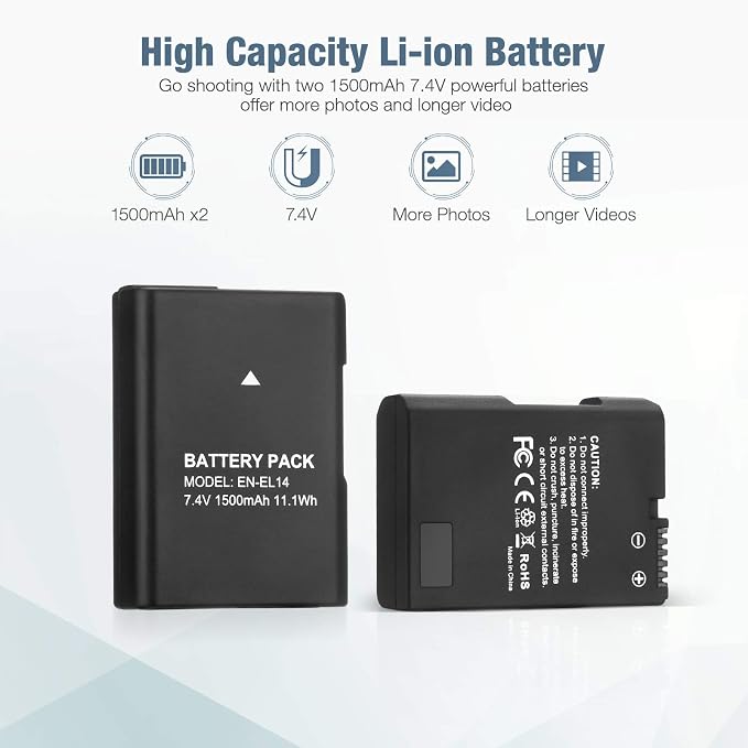 EN-EL14 EN EL14A Battery 2-Pack 1500mAh Li-ion Batteries Compatible