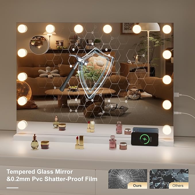 Hasipu Hollywood Vanity Mirror with Lights, 41" x 30" Makeup Mirror with 21 Dimmable LED Bulbs 3 Color Modes & Detachable, 5X Magnifying Glass, Touch Control, USB and Type-C, Tempered Glass