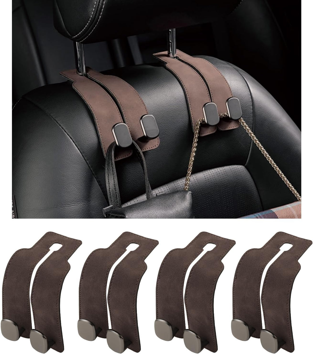 KINIVA Car Seat Headrest Storage Hooks, Set of 2, Suede PU Leather, Double Hooks (Brown-4 Pack)