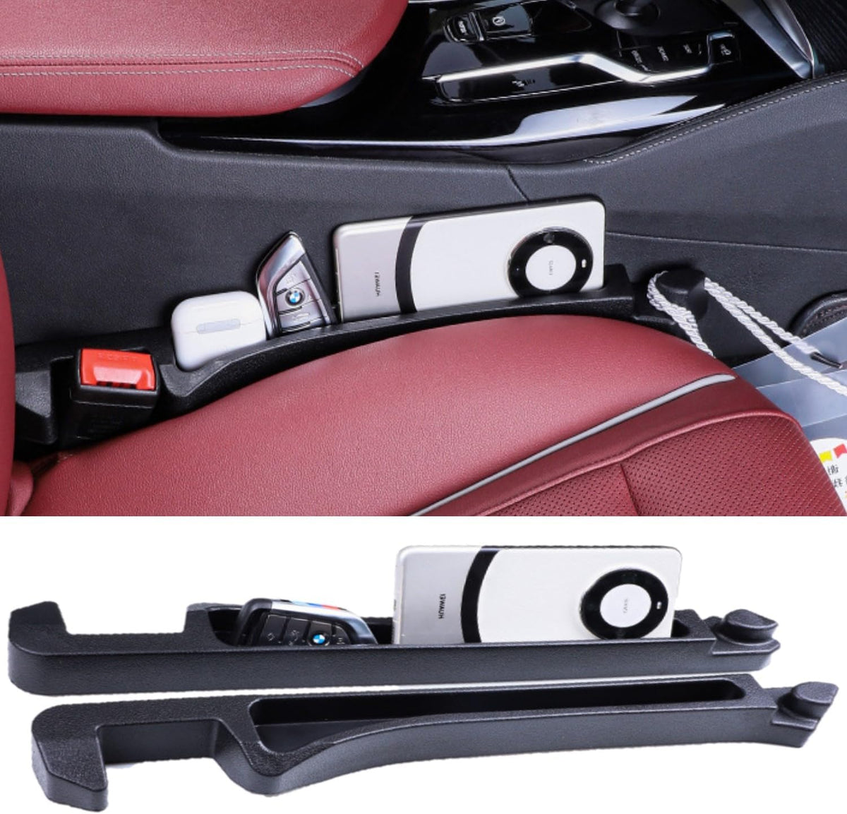Car Seat Gap Filler 2 Pack, Auto Seat Side Gap Filler Organizer with Storage Slot & Hook, 3 in 1 Carseat Gap Spacer Plug Strip Universal Fit Car SUV Truck Fill The Gap Between Seats & Console, Black