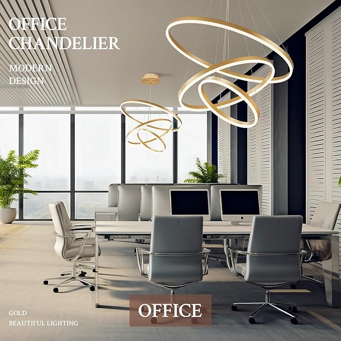 3-Rings Modern LED Chandelier Gold, Dimmable Pendant Lighting