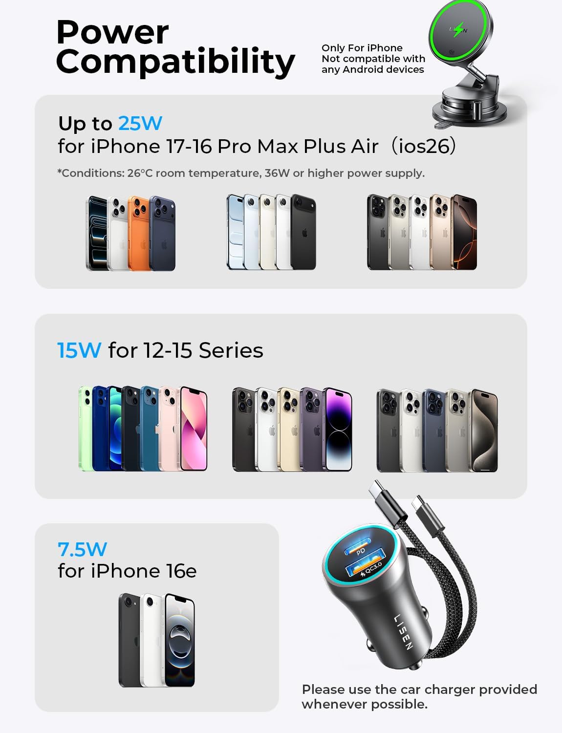 LISEN for Qi2 25W MagSafe Car Mount Charger for iPhone 18 Pro Max, MagSafe Car Charger, Fast Wireless Charging Car Charger iPhone 18, Suction Phone Mount, for iPhone 18 Car Charger with 54W Adapter