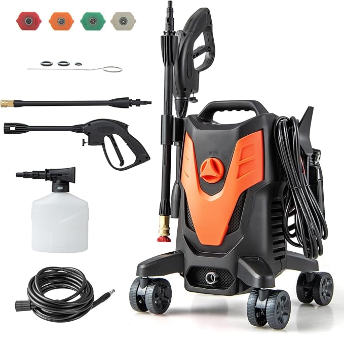 Goplus Electric Pressure Washer, 2400 PSI 1.7 GPM High Pressure Power Washer w/4 Quick Nozzles & Universal Wheels, Portable Pressure Washer IPX5 Car Wash Machine, Cleaning Garden Car Floor (Orange)