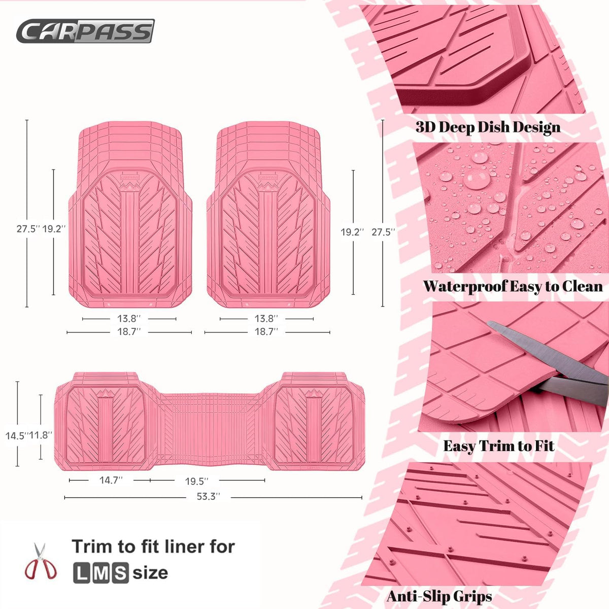 CAR PASS Heavy Rubber Car Floor Mats, Deep Waterproof Car Mats All Weather, Universal Trim-to Fit Automotive Floor Mats for Car SUV Truck Van, Durable Cute Floor Liners for Women Girly (All Pink)