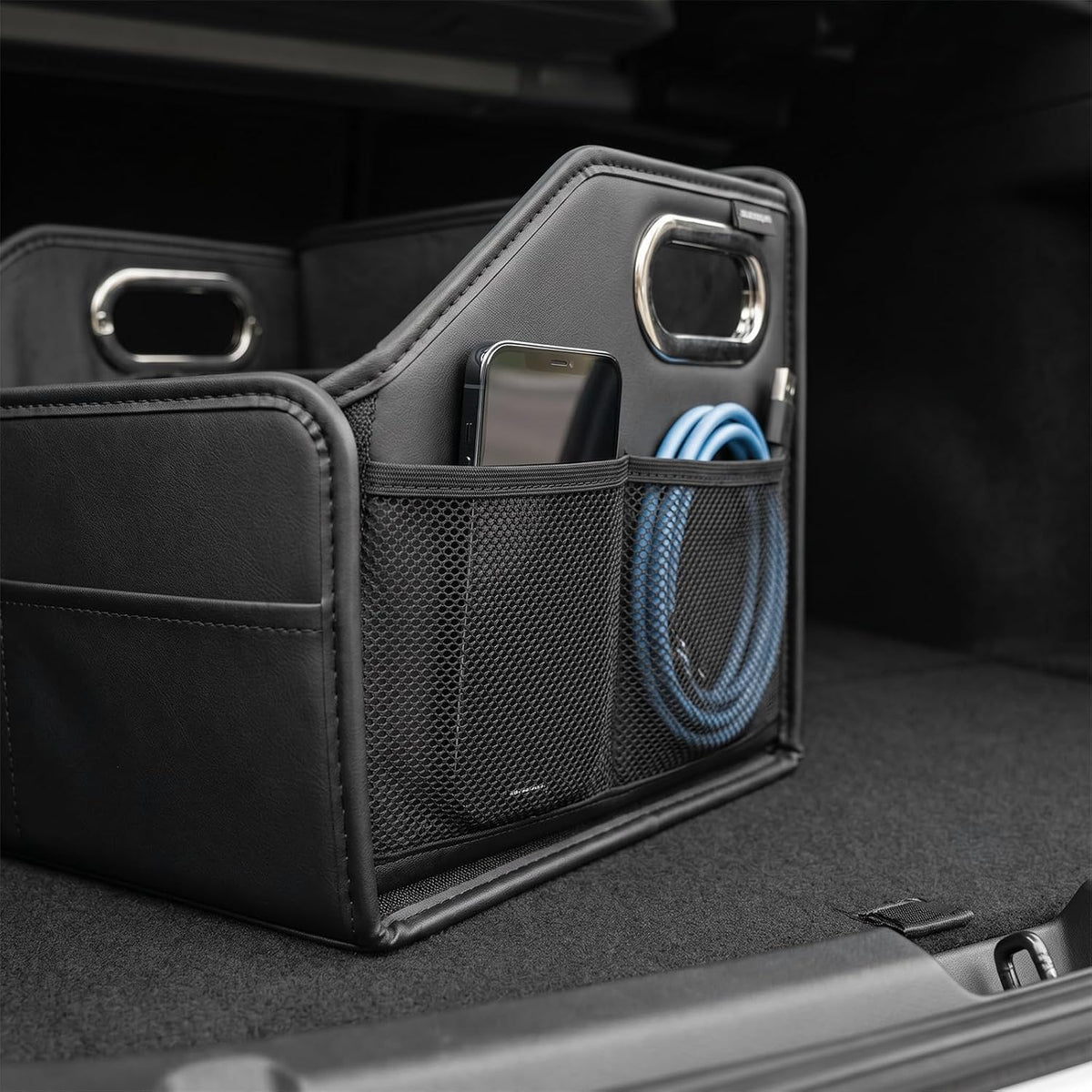 Car Storage Organizer, Large Capacity Foldable Car Caddy Basket with Metal Handle & Movable Divider, Multi-Pocket Trunk Organizer Front Back Seat Storage Box for Most Cars