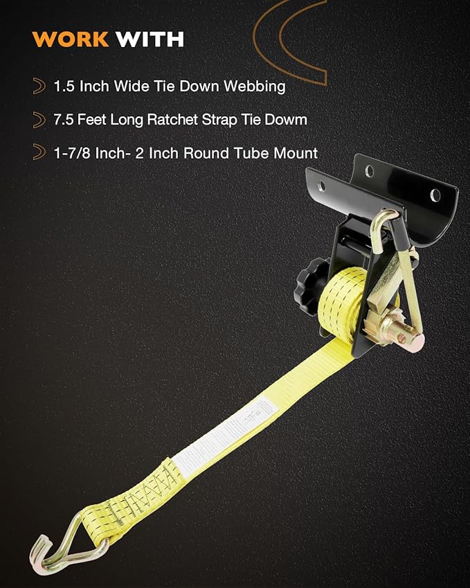 Rack Ratchet Straps, W/J-Hook (2PCS), 2" Black Round Tube Mount, 1.5" Wide x 7.5' Long, Yellow Ladder Rack Ratchet Straps, 500 lbs Load Heavy Duty, Truck/Lumber Rack Straps, Pipe/Roof Rack Straps