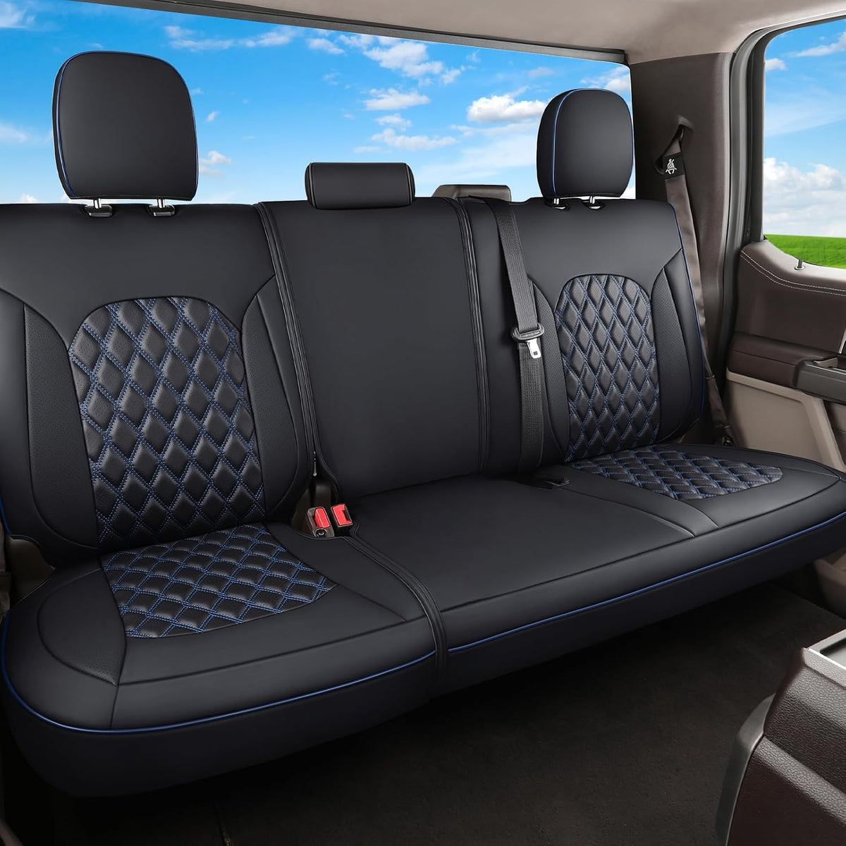 Huidasource Tacoma Rear Seat Covers, Automotive Leather Car Back Seat Cover Fit for 3rd Gen Toyota Tacoma 2016-2023 Double & Crew Cab SR SR5 Limited TRD Sport/Pro/Off Road (Back Row/Black&Blue)