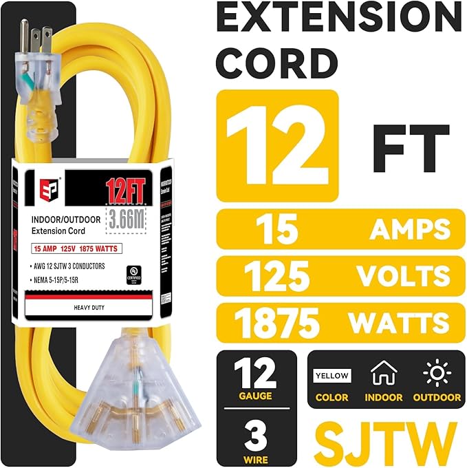 EP 12 Ft 12 Gauge Heavy Duty Extension Cord, 15A 125V 1875W, 3 Outlet Indoor/Outdoor Power Cord with Lighted End, 12/3 SJTW Weatherproof Yellow