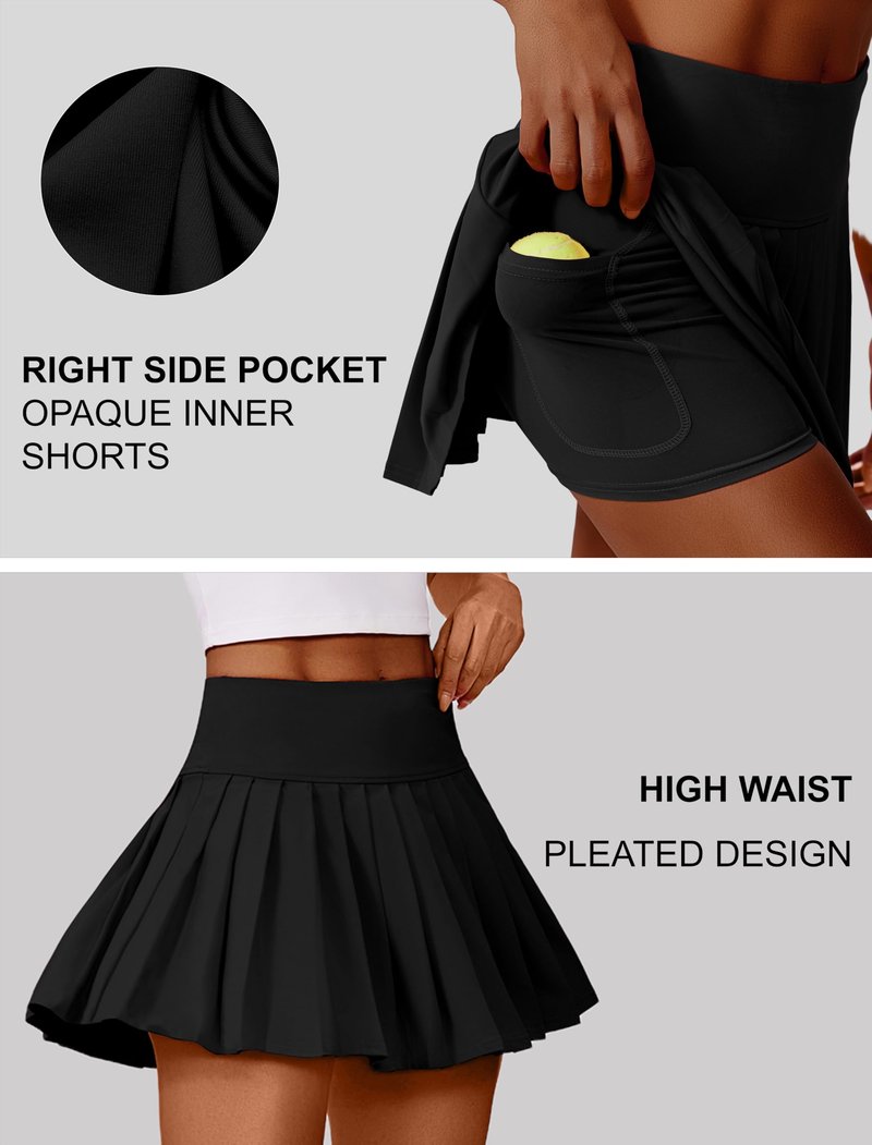 PINSPARK Pleated Athletic Skirts for Women Tummy Control Tennis Skirt with Shorts Underneath Golf Mini Skort with Pocket，Black L