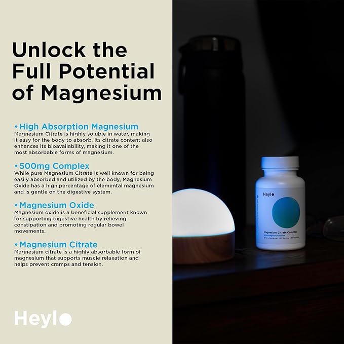 Heylo Magnesium Citrate Complex 500 mg - High Absorption Formula for Muscle Relaxation, Energy Support, Bone & Heart Health, Digestion, Stress Relief - Non-GMO, Vegan, 60 Capsules