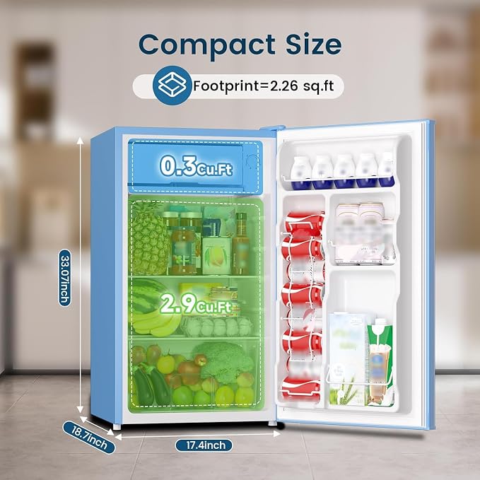 Mini Fridge with Freezer 3.2 Cu.Ft for Bedroom and Office Blue | Single Door, Small Refrigerator, Energy-efficient, Low Noise, Mini fridge for Dorm