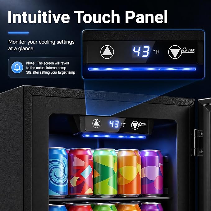 COSTWAY 24 Cans Beverage Refrigerator, 18L/0.6 Cu.Ft Countertop Mini Fridge | Quiet Drink Cooler with Touch Panel, 40-61℉ Thermostat, Tri-Layer Insulated Door and Blue LED Lights for Home Office & Bar