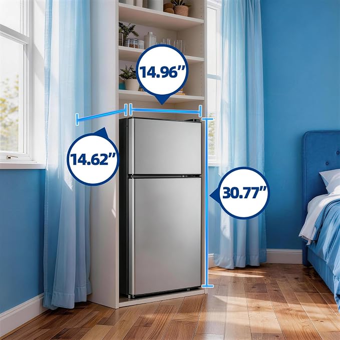 Mini Fridge with Separate Freezer Compartment Double Door Small Refrigerator with 7 Adjustable Temp Control Ideal for One Person Use & Dorm Apartment Office Silver