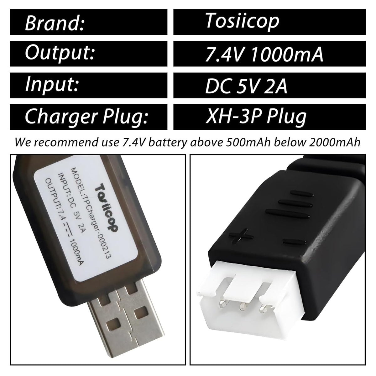 Skiennix Gel Blaster Battery Charger - 7.4V 3 Pin Replacement Cable for Splat Ball & RC Cars | 2-Pack