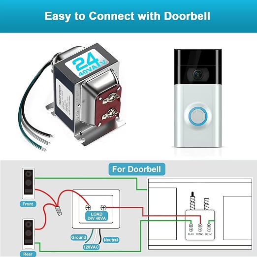 24V 40VA Doorbell Transformer for Ring Video Doorbells, Compatible