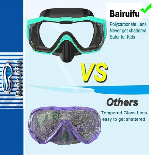 Bairuifu Kids Swim Goggles - 3-Window Lens for Wide Vision & Comfort | Crystal Clear Snorkel Mask
