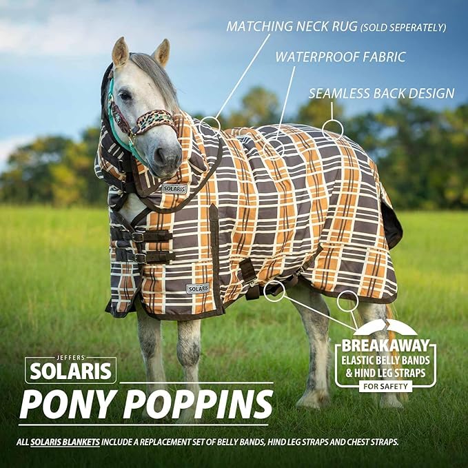 Jeffers Pony Poppins Solaris 1200 Denier Turnout Blanket Brown & Cream Plaid 48" - Waterproof, Breathable Horse Blanket with 0 gram Polyfill, No Insulation, Ideal Protection for Wind & Rain,
