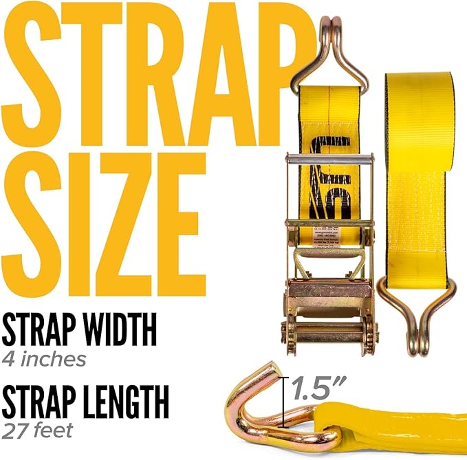 US Cargo Control J Hook Ratchet Straps 4 Inch x 27 Foot (4 Pack), 5,400 LBS Working Load Limit, Yellow 4 Inch Ratchet Straps Heavy Duty for Flatbed Trailers, Professional Flatbed Hauling