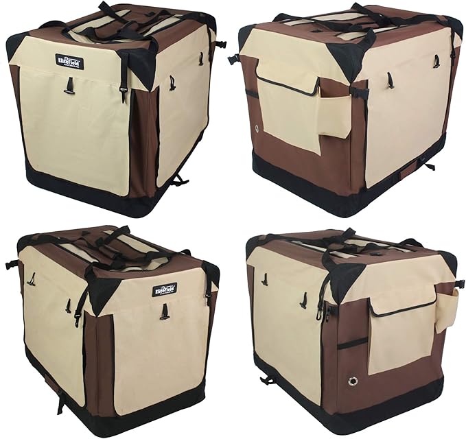 EliteField 4-Door Folding Soft Dog Crate with Curtains, Carrying Bag and Fleece Bed (2 Year Warranty), Indoor & Outdoor Pet Home (42" L x 28" W x 32" H, Brown+Beige)