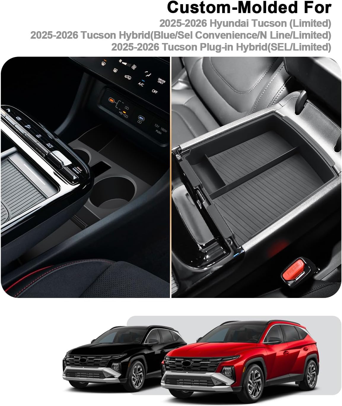 2026 Tucson Center Console Organizer - 2 Pcs Double-Layer Armrest Box Organizer+Lower Center Console Tray For 2025-2026 Tucson(Limited)/Tucson Hybrid - ONLY Fit 2025-2026 Tucson With Electronic Shift