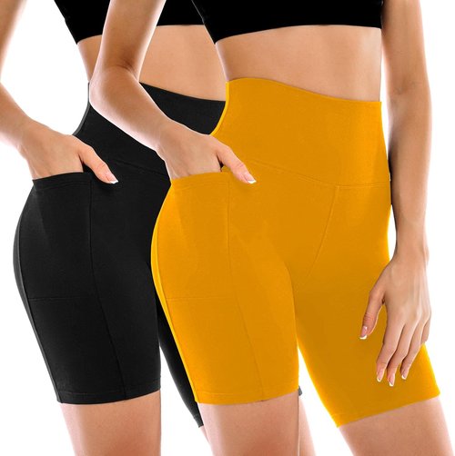 Leafigure Women's Biker Shorts - High Waisted with Pockets for Yoga, Running & Gym | 2 Pack