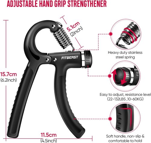 FitBeast Hand Grip Strengthener Kit - 5 Pack with Adjustable Resistance Grippers & Stress Relief Ball