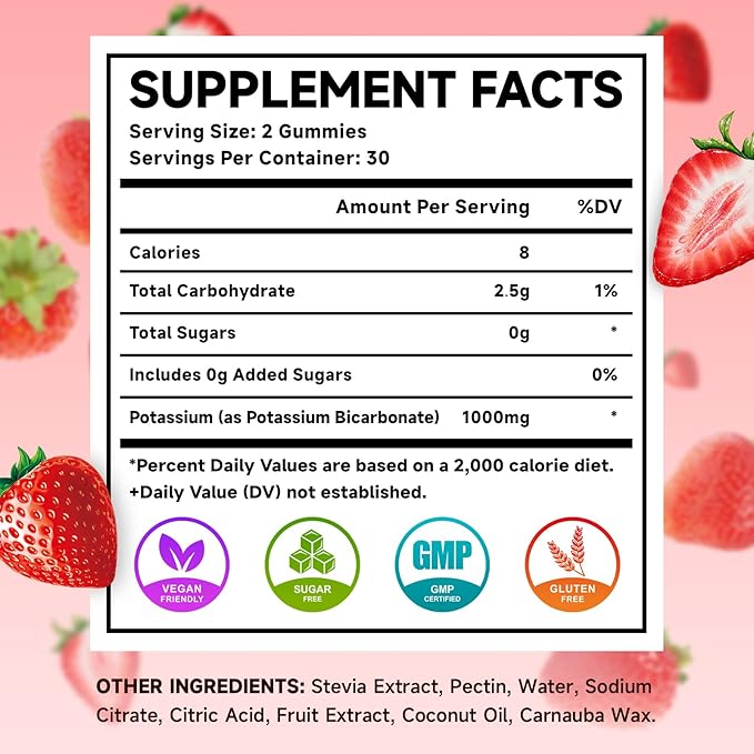 2 Pack Potassium Gummies 1000mg, Potassium Bicarbonate Supplement for Adults & Kids, Potassium Supplement for Electrolyte Balance & Muscle Heath, Sugar-Free, Strawberry Flavor, 120 Count