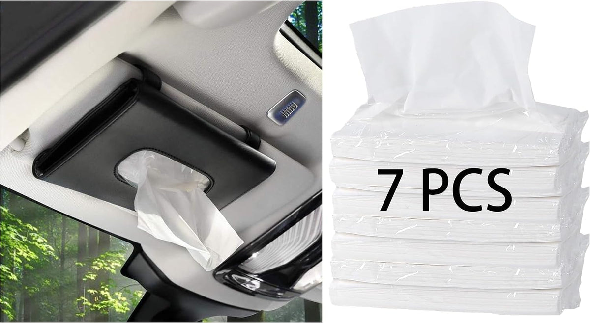 Black Car Tissue Holder with 7 Refill, Leather Tissue Dispenser for Car