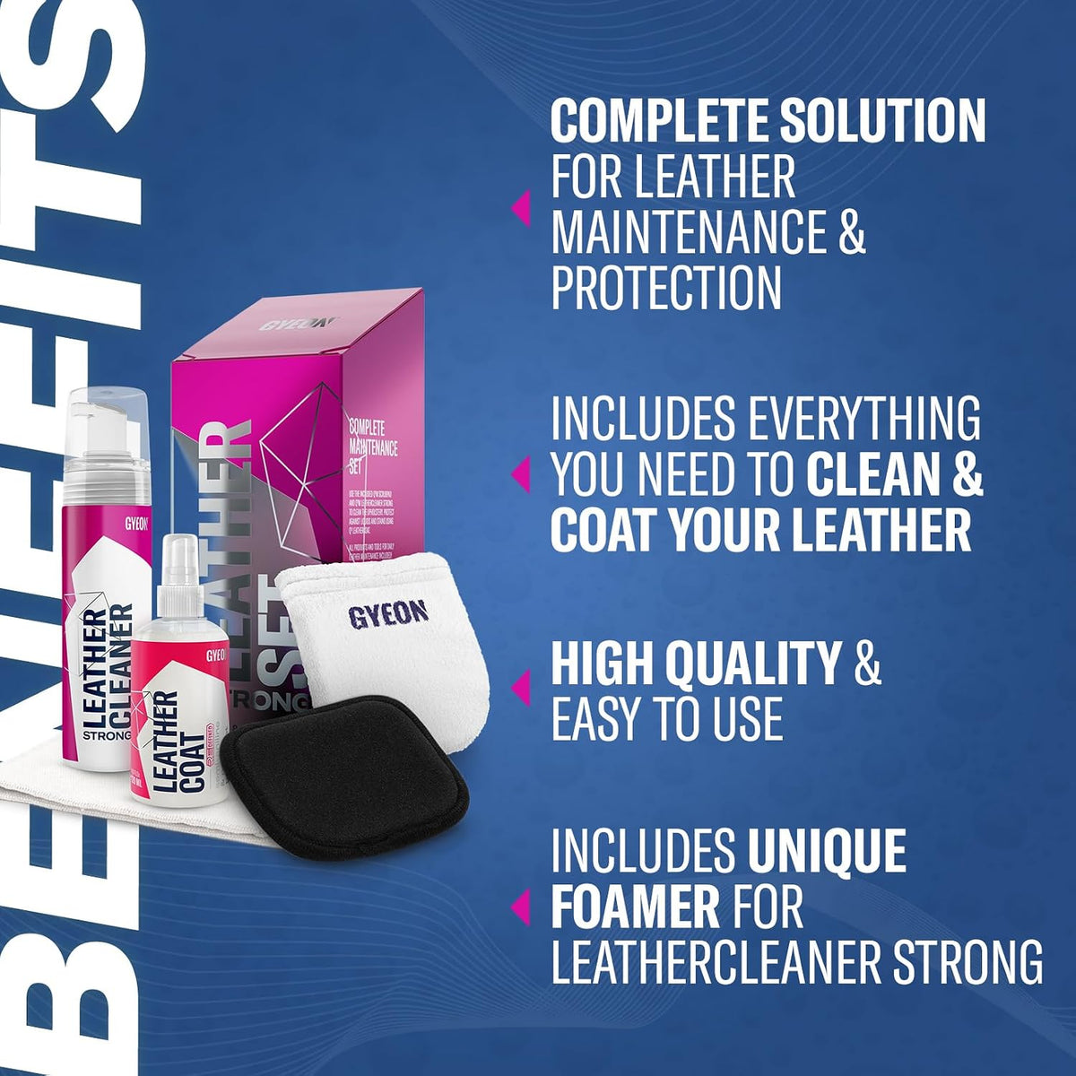 Gyeon Leather Set Strong All‑in‑One Car Leather Cleaner and Ceramic Coat Kit for Interior Protection Deep Clean Oil Removal Matte Finish Hydrophobic UV Resistant