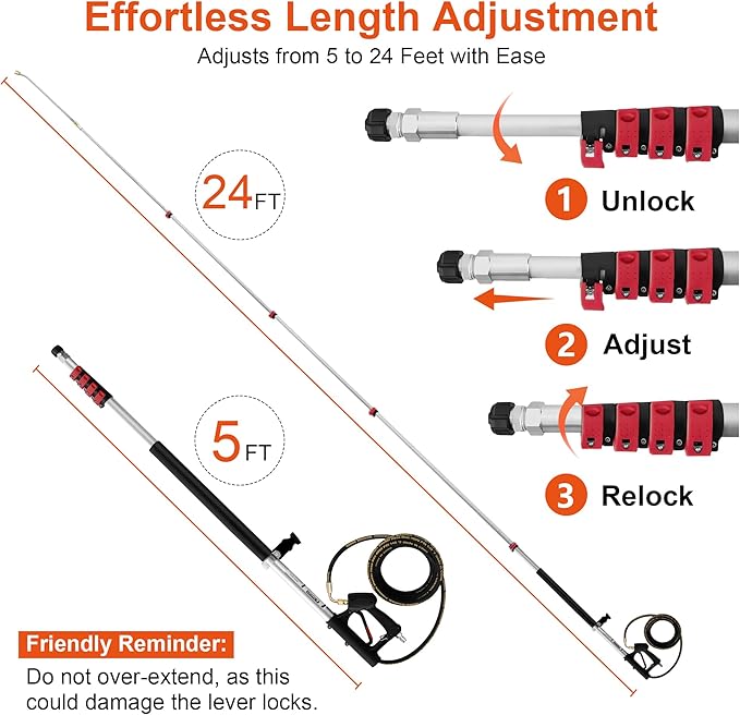 Telescoping Pressure Washer Wand 24 ft Power Washer Extension Wand Aluminum Pressure Washer Extension Wand 24 Feet with Brush Head, Gutter Cleaner, 7 Spray Nozzle Tips, 2 Hose Adapters, Support Belt