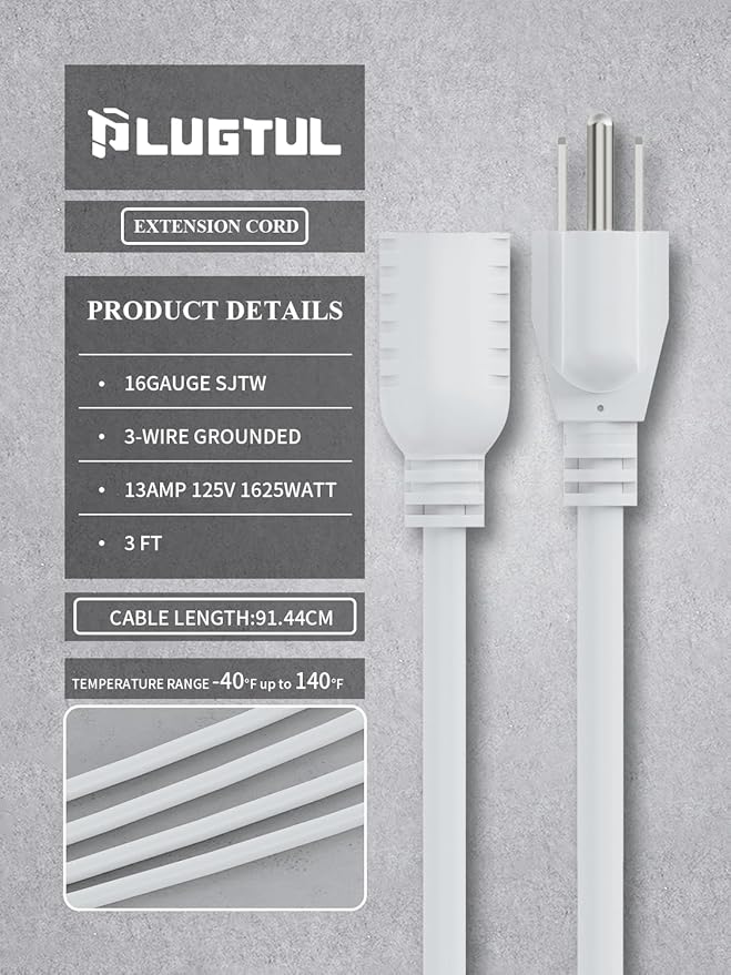 PLUGTUL 3 FT Extension Cord White, 4-Pack Short Power Cord, Indoor/Outdoor 16 Gauge 3 Prong Grounded Wire ETL Listed, 13A 1625W 125V SJTW