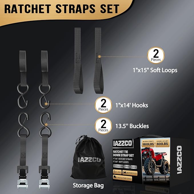 Ratchet Straps - Heavy Duty Tie Downs Straps - 1 Inch x 15 Feet 2 Pack - Safety S Hooks & Soft Loops, 1800LBS Break Strength for Men, Trucks Cargo Moving appliances Motorcycle ATV