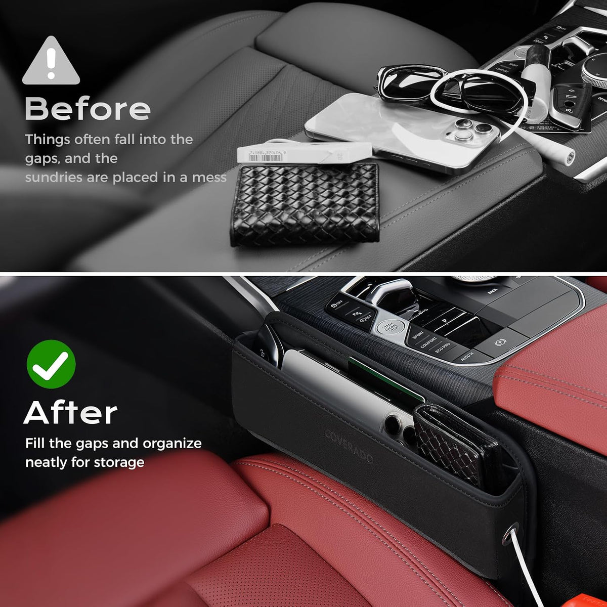 Coverado Universal Car Seat Gap Filler Organizer, Premium Suede Leather Car Seat Side Gap Filler, Seat Gap Storage Box for SUV Truck, Car Interior Accessories, Black-1pc