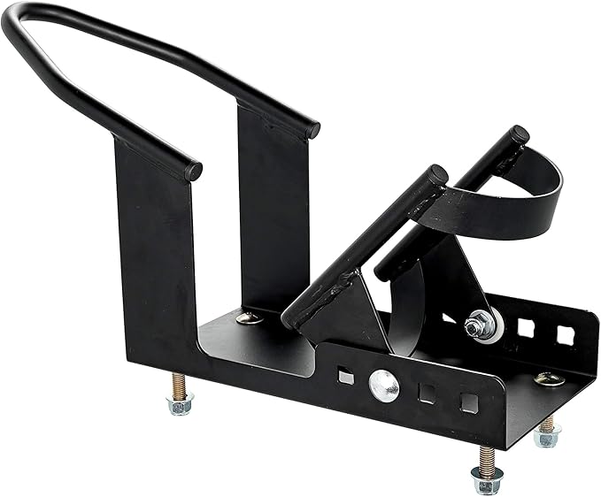Camco Motorcycle Wheel Chock for Trailer - Includes Handlebar Straps & Mounting Hardware - Keep Your Motorcycle Upright During Transit - Mountable to Trailer or Truck Bed - Universal Tire Fit (66100)