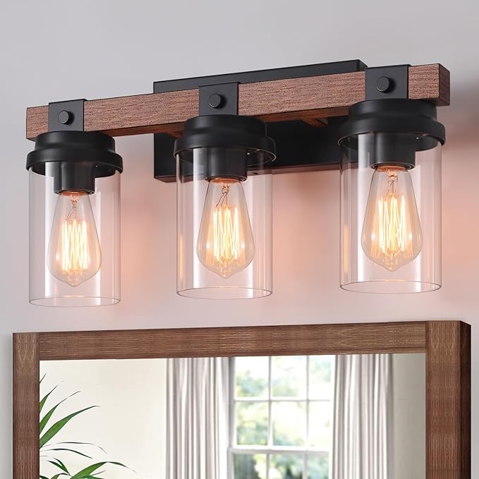 3 Light Farmhouse Vanity Light, Rustic Black Bathroom Light Over Mirror with Clear Glass Shade, Wood Grain Vintage Farmhouse Wall Sconces for Bathroom, Living Room, Hallway