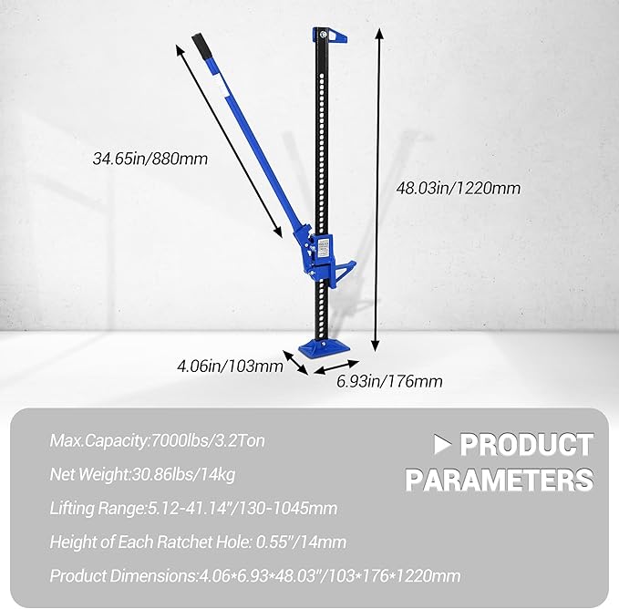 GarveeTech 48 in Farm Jack, 3 T Capacity Ratcheting Off Road, Utility Heavy-Duty F-arm J-ack for Tractor, Truck, SUV, Lift Height 5.12-41.14 in