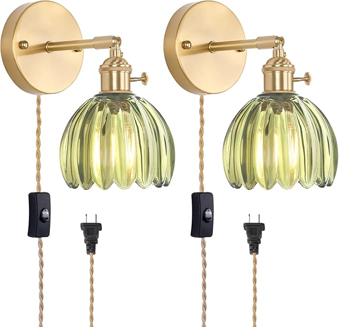 Plug in Wall Sconce, Green Tulip Glass Lampshade Wall Light Plugin Corded for Bedside Bedroom Doorway, 2 Pack