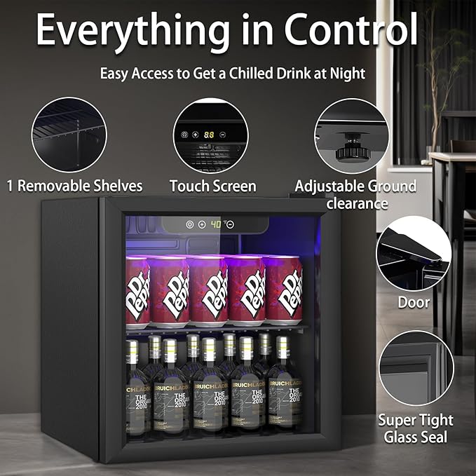 DOGHLY 1.3 Cu.ft Mini Fridge Glass Door, 60 Cans Beverage Refrigerator | Drink Fridge for Soda Beer Wine, Manual Temperature Control, Removable Shelf, Quiet Beverage Cooler for Office, Dorm, Bar
