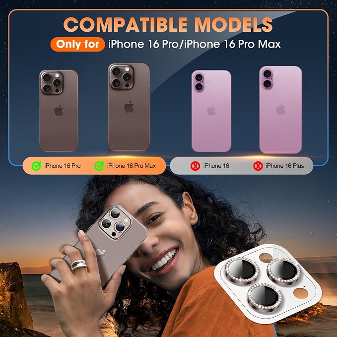 for iPhone 16 Pro/16 Pro Max Camera Lens Protector Bling Individual Metal