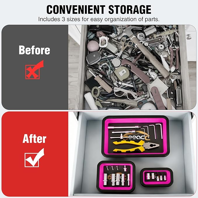 GOOACC 3 Sizes Collapsible Magnetic Parts Tray Set Pink Silicone Foldable Tool Trays Organizer for Screws Bolts Nuts Pins Washers and Other Small Metal Parts Double Sided Magnet Base