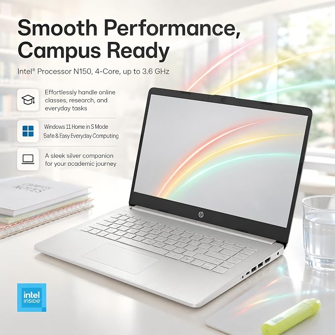 HP 14 Laptop for Students and Home Use, Intel Processor N150, 16GB RAM | 128GB UFS+256GB MSD, 14" HD Display, Wi-Fi 6, 1-Year Microsoft 365, Copilot AI Key, Lightweight, Natural Silver, W/Mouse