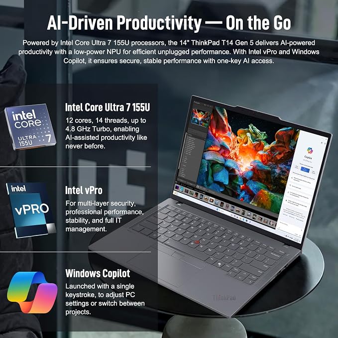 Lenovo ThinkPad T14 Business AI Laptop, 14" FHD+ IPS, Intel Core Ultra 7 155U, 16GB DDR5, 512GB SSD, 5MP Webcam, Fingerprint, Backlit, Wi-Fi 6E, Thunderbolt 4, Windows 11 Pro, 7-in-1 USB-C Hub Bundle