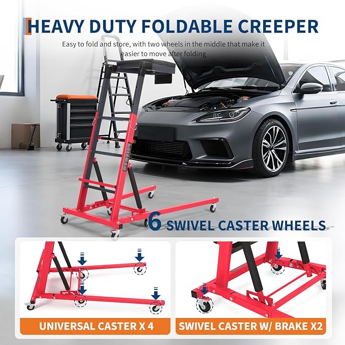 Topside Automotive Creeper,Engine Topside Creeper with Adjustable Height 48"-66", 400 Lbs Heavy-Duty Foldable Garage Creepers, 6 Swivel Casters, Padded Deck, Tool Pouch, for Truck/SUV Garage Mainten