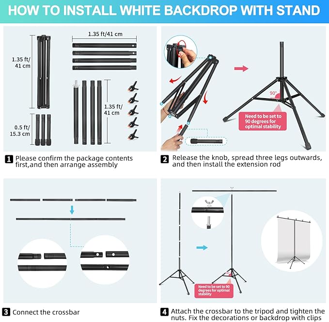 White Backdrop with Stand for Photoshoot, 5X6.5ft White Photo Backdrop with T
