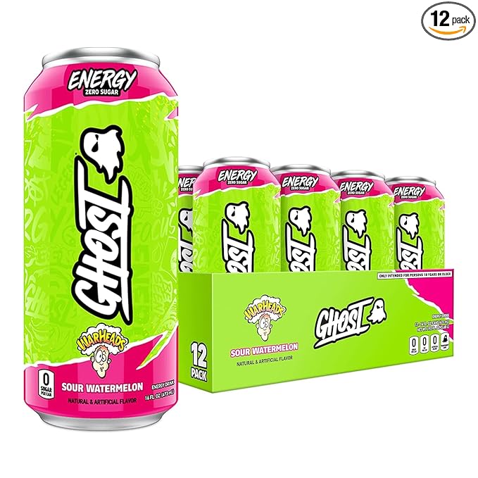 GHOST Energy Drink - 12-Pack, Warheads Sour Watermelon, 16oz - Energy & Focus & No Artificial Colors - 200mg of Natural Caffeine, L-Carnitine & Taurine - Gluten-Free & Vegan