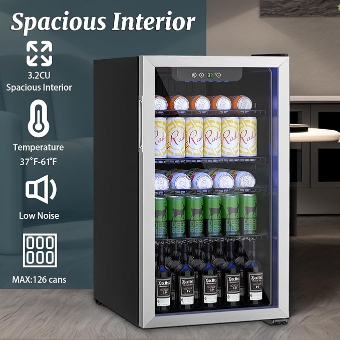126 Can Mini Fridge, 3.2 Cu.Ft Beverage Refrigerator Glass Door | Stainless Steel Compact Drink Cooler with Reversible Door for Soda Wine Beer, Small Fridge for Home Office Bar (40-61 ℉)