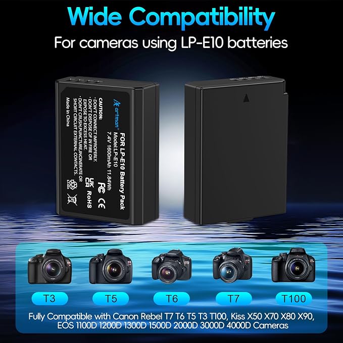 Artman LP-E10 Battery 2-Pack 1600mAh and Rapid Dual LP E10 Battery Charger